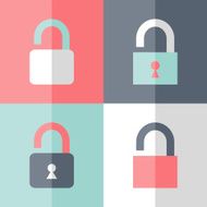 Flat open padlock icon set