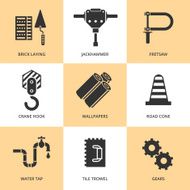 Trendy flat working tools icons black silhouettes N2