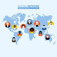 Social network concept with communicating people on dotted world map