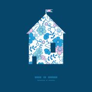 Vector blue and pink kimono blossoms house silhouette pattern frame