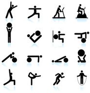Fitness yoga and palates exercise black &amp; white icon set