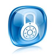 Lock off icon blue glass isolated on white background