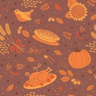 Seamless pattern with pumpkins leaves wheat and turkey