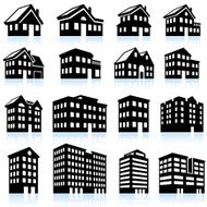 3D house and apartment icons black white