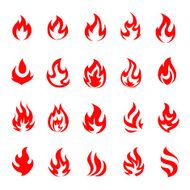 Red fire flame icons and pictograms set isolated