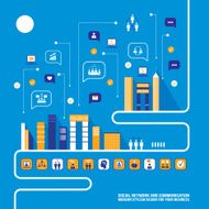 City social network Urban landscape filled with business icons