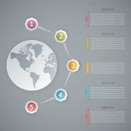 Five steps vector 3D infographic template with world map