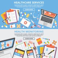 Healthcare services health monitoring research flat illustration concepts set