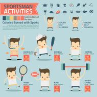 sportsman activities and calories burned infographics with food