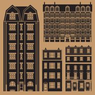 Buildings set with english classic terrace houses - monochrome