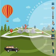 explorer with spyglass and balloon on map adventure elements