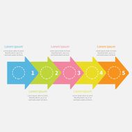 Colorful arrow Five step Timeline Infographic circles text Template Flat