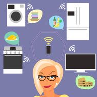 Blond woman thinking about smart gadgets at home and applications