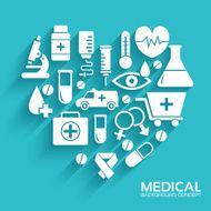 flat medical equipment set in shape heart icons concept background