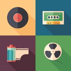Set of colorful retro flat media icons with long shadows