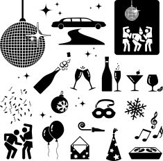 New Year party black and white vector icon set