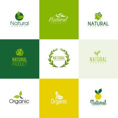 Set of natural and organic products design elements with leaves