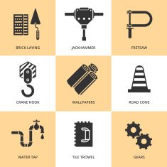 Trendy flat working tools icons black silhouettes N2