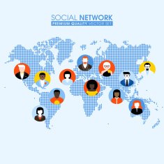 Social network concept with communicating people on dotted world map