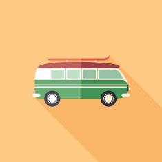 Colorful retro minivan flat square icon with long shadows