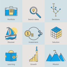 Flat line icons set of portfolio search ideas business decisions
