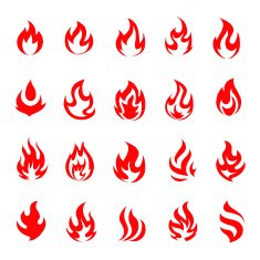 Red fire flame icons and pictograms set isolated
