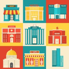 Flat colorful vector sity buildings set Icons background concept design N7