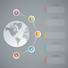 Five steps vector 3D infographic template with world map