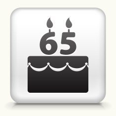 Square Button with 65 Years Birthday Cake