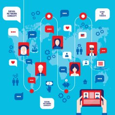 Social network concept Businessman and tablet with user icons