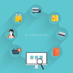 Vector buying online and e-commerce poster concept with icons