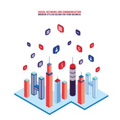 City social network Tall buildings and speech bubbles