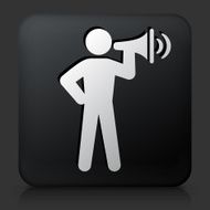 Black Square Button with Stick Figure and Megaphone Icon