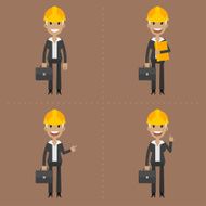 Engineer woman with briefcase in different poses