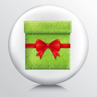 Round Icon With Green Patterned Gift Box and Red Bow