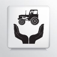 Square Icon With Two Hands Cupping an Agriculture Farm Tractor