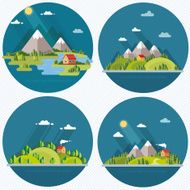 summer landscape set Houses in the mountains Flat design style