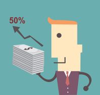 Business man with money graph and fifty percent