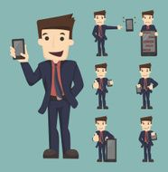 Set of businessman show tablet and smart phone characters poses