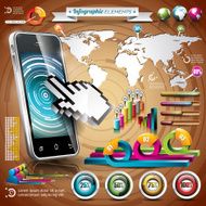 World map and information graphics on mobile phone