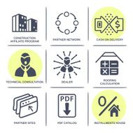 Sale buildings materials (roof facade) site icons infographics set