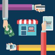 Shopping concept of hands online and cash purchase