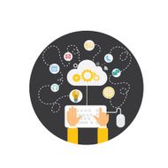 hand with cloud surrounded by icons Concept of communication in