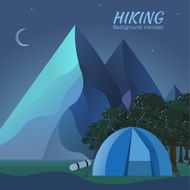 Flat colorful vector night tourism camping set Icons background concept design