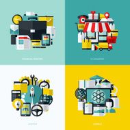 Flat icons set of financial services e-commerce startup and science