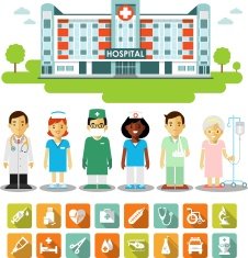 Medicine concept with people icons and hospital building