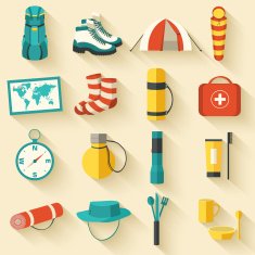 Flat colorful hiking vector tourist equipment set Icons N2