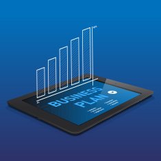 Black tablet with abstract BUSINESS PLAN graphics on display N2