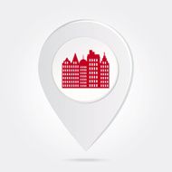 Map Marker Pin Red City Silhouette on Round Icon Button N2