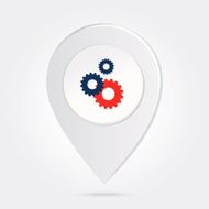 Map Marker Cogs and Gear Silhouette on Round Icon Button